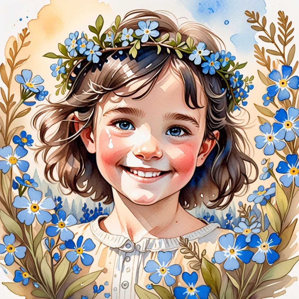 Head and shoulders portrait, centered composition of a little Swiss girl Heidi. She is smiling, with clear joyful eyes, sun-kissed cheeks, and a wreath of blue alpine forget-me-nots in her short messy dark hair. Entire head and hair visible in frame. Whimsical watercolor style, gentle ink outlines, soft pastel colors, warm golden hour light, cozy fairytale illustration