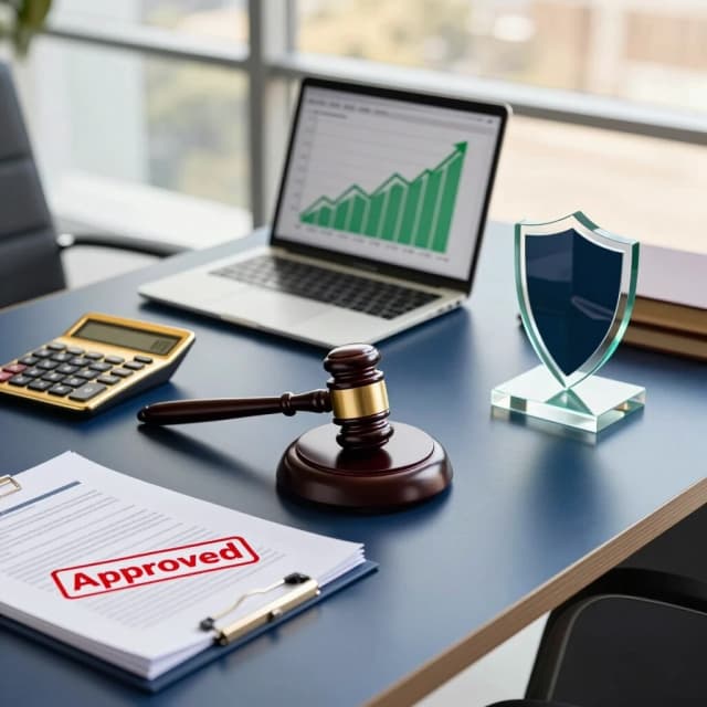Photorealistic wide shot of a high-end tax consultant's desk, top-down view. On the table: a polished wooden gavel, a sleek laptop showing a rising green graph, a gold-plated calculator, a stack of documents with a red "Approved" stamp, and a transparent glass shield icon reflecting the screen. Background: blurred modern office with floor-to-ceiling windows. Warm daylight. Focus on the center. Colors: navy blue, charcoal, and subtle gold accents. Professional, trustworthy, clean. --ar 16:9 --v 6.0 --style raw --s 250