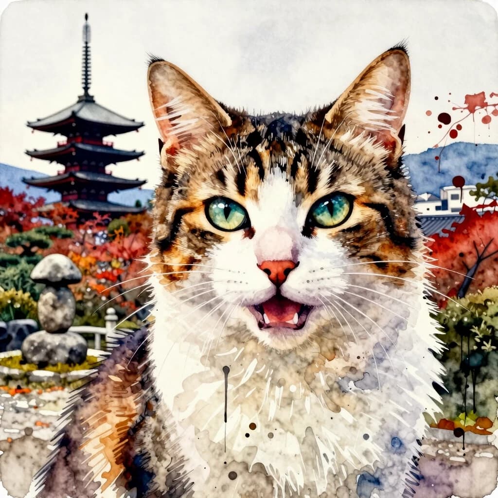 A masterpiece. The painting is done in watercolors. Double exposure. Portrait of a fabulously beautiful cat. In the background, there are views of Japan at that time: a pagoda, a garden of stones. The whole painting is united by an old autumn city landscape. High quality. High resolution. Increased attention to small details, clear contours. Intense close-up. Bold strokes, drips, spots. Watercolor style. Artist: Levitan, Sergey Andriaka.