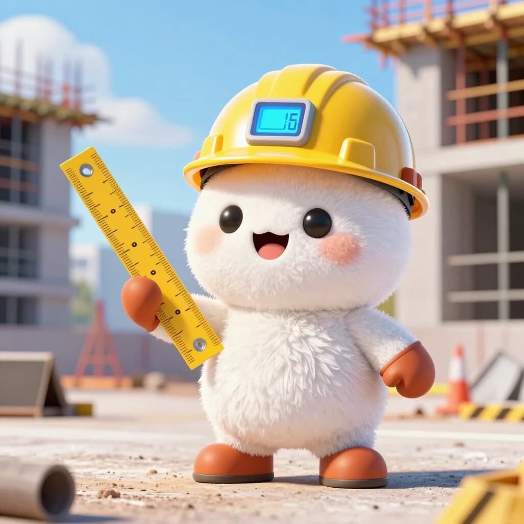 A friendly, smiling, fluffy mascot character, representing the construction insulation brand "TechnoNICOL". The character is a small, cute, white fluffy creature with terracotta elements, holding a bright yellow building ruler and wearing a smart construction helmet with a glowing blue digital screen on it. It is in a dynamic pose, pointing its ruler forward as if guiding the way. The background is a bright and sunny building construction site with modern architecture. The lighting is bright and cheerful, emphasizing the warmth and reliability of the brand. Highly detailed, 3D rendered, Pixar-style character, professional yet approachable, suitable for a corporate trade show.