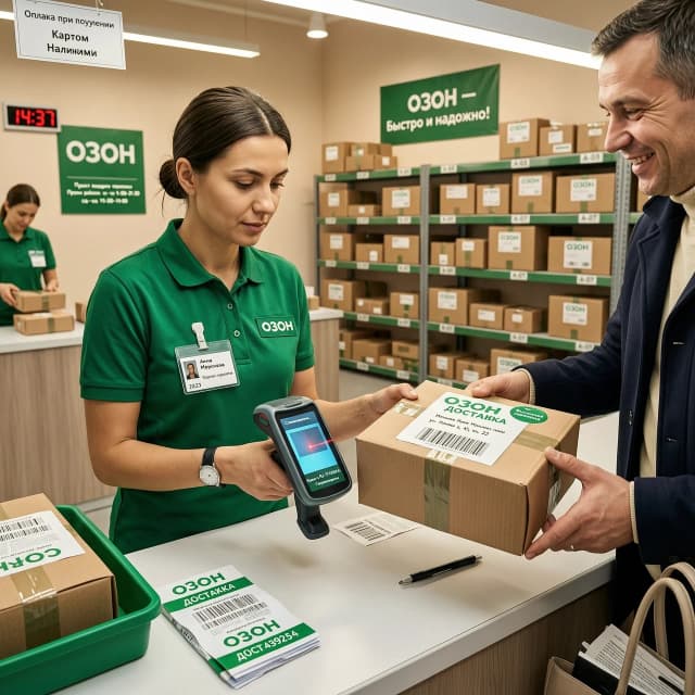 Close-up. An employee in an Ozon green uniform takes a parcel, scans it with a handheld terminal and hands it to a smiling customer over the counter