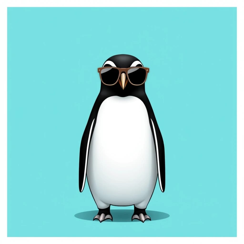 Draw a symmetrical frontal frame in the style of Wes Anderson for the A6 format. In the center is a full—length penguin, he stands straight, compact sunglasses with thin frames on his muzzle. The background is pure muted turquoise, without gradients. Palette: turquoise, black, white, gray. The lighting is bright but soft, without glare. High detail: the feathers are drawn individually, the eyeglass frames are finely detailed, and the proportions of the penguin are anatomically precise. No labels. 8K, stylized to match a movie frame.