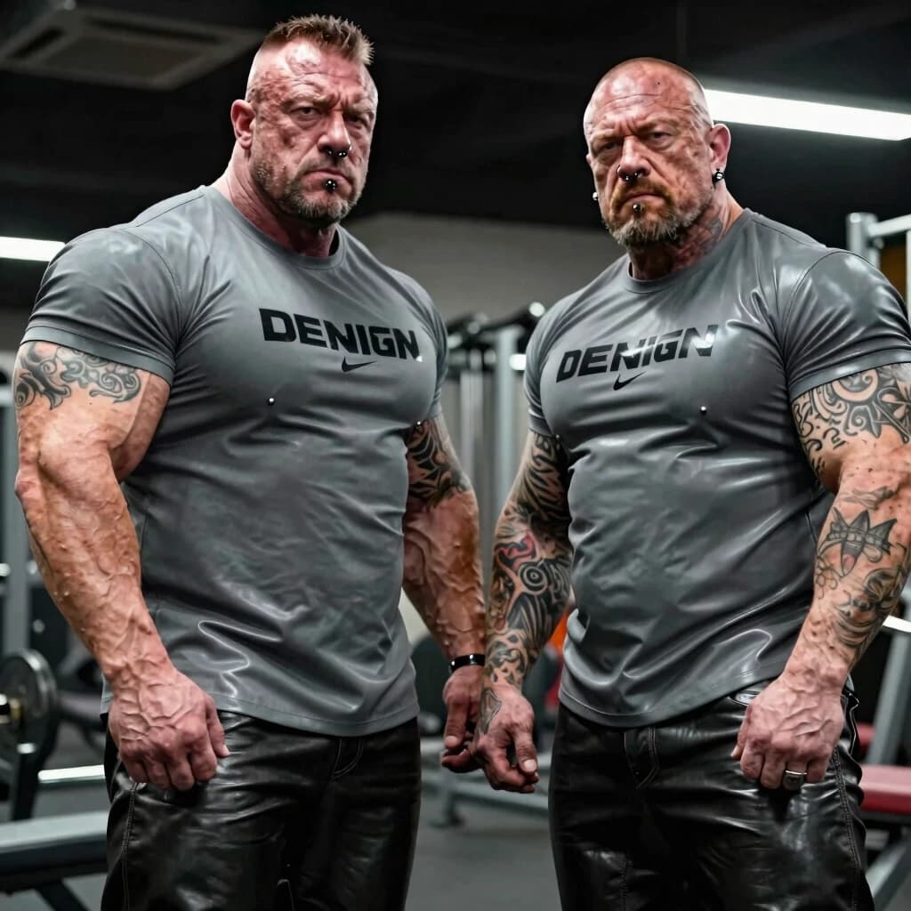 FRANK AND ADAM ARE BODYBUILDERS. Rough skin, hypertrophied muscles, biceps and tendons. The skin is covered in tattoos, they have piercings in their noses and ears, and they’re wearing leather pants and branded gray rubber T‑shirts. They have a serious look in the big house. AND THEY HAVE SHARPLY GAINED 40 KG, A BULGING BIG PIECE OF STOMACH APPEARED, AND THEIR SIDES HAVE GROWN FAT.