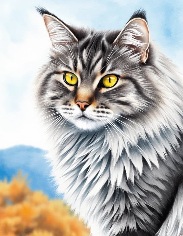 A masterpiece. Creating an image. The style is watercolor painting. Delicate watercolor on raw, on paper.((Against the background of an autumn landscape and blue sky, a yellow maple leaf and a gray Siberian fluffy striped cat:1.6)). High resolution. High detail and clear texture. Intense close-up. High quality. Increased attention to small details. The aspect ratio is 3:4. The artists are Levitan, Shishkin.