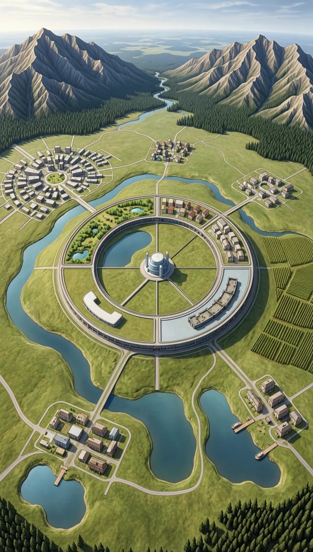 A world shaped like a closed torus (a donut-shaped world).
The world is located in the plane of the torus's equator, bordered in the rear half by a mountain range that transitions into hills, which quickly merge into a plain. On the plain in the center of the world is the ring of the collider's ground portion (the ring's radius is half the radius of the torus). Within the collider's ring is a territory divided into four equally sized segments (the segments are described below in counterclockwise order). One segment contains a park and a pond, the pond being closer to the center. The second segment contains a residential community of one- and two-story buildings. The third segment contains a scientific laboratory studying the processes occurring in the collider. The fourth segment contains an abandoned military unit shaped like the letter U. At the center of the collider's ring is the building of the fusion power plant. Beyond the outer edge of the collider's ring, a small lake is located at the bottom. The river originates in the mountains at the top of the world, encircles the collider ring on the left, and flows into a lake. To the right of the collider, a small stream flows, which also flows into the lake. Several settlements are located outside the collider ring. The first, from the top left (northwest), is a large urban settlement, located closer to the ring. The second from the top (north), is a small settlement, closer to the mountains. The third from the top right (northeast), is a small settlement. The fourth from the bottom left (southwest), is a small settlement on the shore of a lake, with a boat dock. The fourth from the bottom right (southeast), is a very small settlement on the shore of a lake, with a boat dock. Below the settlement in the northeast are vineyards, with some fields around the settlements; the rest of the area beyond the outer boundary of the collider is mostly forested. The style is realistic, with details, reminiscent of a photograph taken at an angle of about 45 degrees from a distance.