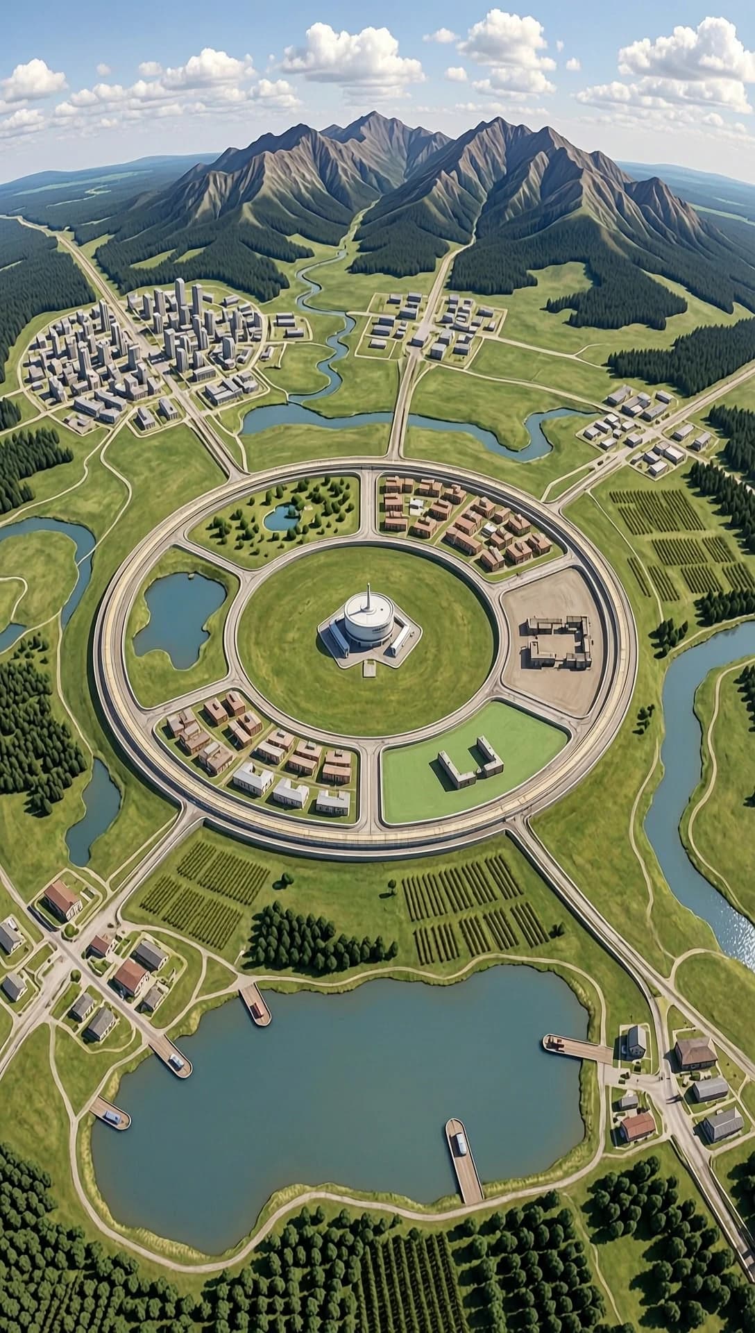 A world shaped like a closed torus (a donut-shaped world).
The world is located in the plane of the torus's equator, bordered in the rear half by a mountain range that transitions into hills, which quickly merge into a plain. On the plain in the center of the world is the ring of the collider's ground portion (the ring's radius is half the radius of the torus). Within the collider's ring is a territory divided into four equally sized segments (the segments are described below in counterclockwise order). One segment contains a park and a pond, the pond being closer to the center. The second segment contains a residential community of one- and two-story buildings. The third segment contains a scientific laboratory studying the processes occurring in the collider. The fourth segment contains an abandoned military unit shaped like the letter U. At the center of the collider's ring is the building of the fusion power plant. Beyond the outer edge of the collider's ring, a small lake is located at the bottom. The river originates in the mountains at the top of the world, encircles the collider ring on the left, and flows into a lake. To the right of the collider, a small stream flows, which also flows into the lake. Several settlements are located outside the collider ring. The first, from the top left (northwest), is a large urban settlement, located closer to the ring. The second from the top (north), is a small settlement, closer to the mountains. The third from the top right (northeast), is a small settlement. The fourth from the bottom left (southwest), is a small settlement on the shore of a lake, with a boat dock. The fourth from the bottom right (southeast), is a very small settlement on the shore of a lake, with a boat dock. Below the settlement in the northeast are vineyards, with some fields around the settlements; the rest of the area beyond the outer boundary of the collider is mostly forested. The style is realistic, with details, reminiscent of a photograph taken at an angle of about 45 degrees from a distance.