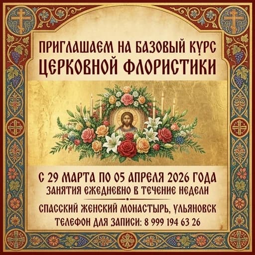 афиша на русском языке в церковном стиле. 

Мы приглашаем к нам на базовый курс храмовой флористики .
с 29 марта по 05 апреля 2026г.
Занятия в течение недели , ежедневно.

Спасский женский монастырь, г. Ульяновск.
Телефон для записи 8 999 194 63 26