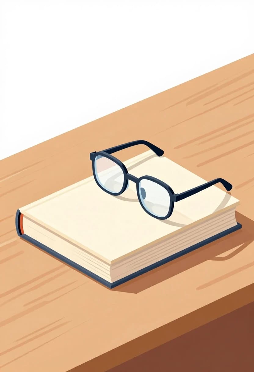 «Isometric 3D illustration, clean and modern. A plain, slightly worn paperback book lies on a wooden desk. It has a simple cover with no embellishments and looks unremarkable. Suddenly, a pair of slim, minimalist reading glasses with clear lenses settles onto the book’s spine, as if the book itself is “putting them on.” With the glasses in place, the book seems to gain personality—it looks smarter, more authoritative, and even a little proud. Subtle lighting from the left, soft shadows, clean background. Mood: playful, intellectual, charming personification.»