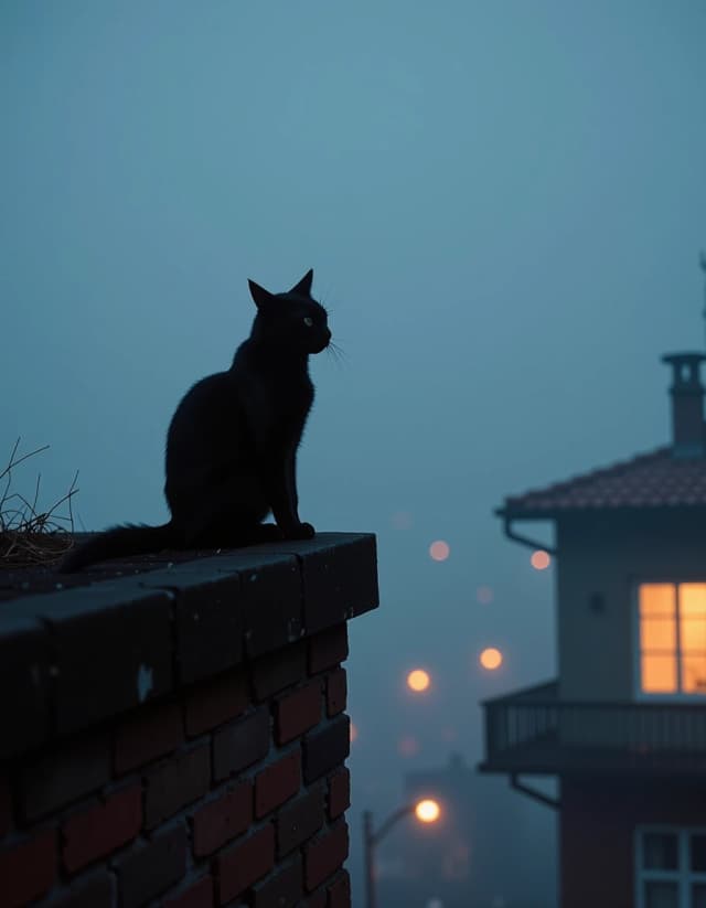 Symbolic moody scene, black cat sitting on rooftop edge, thick fog, distant city lights through mist, cat fading into fog, minimal details, dark blue and grey palette with warm window lights, slow camera movement, soft haze, atmospheric, melancholic, 16:9.