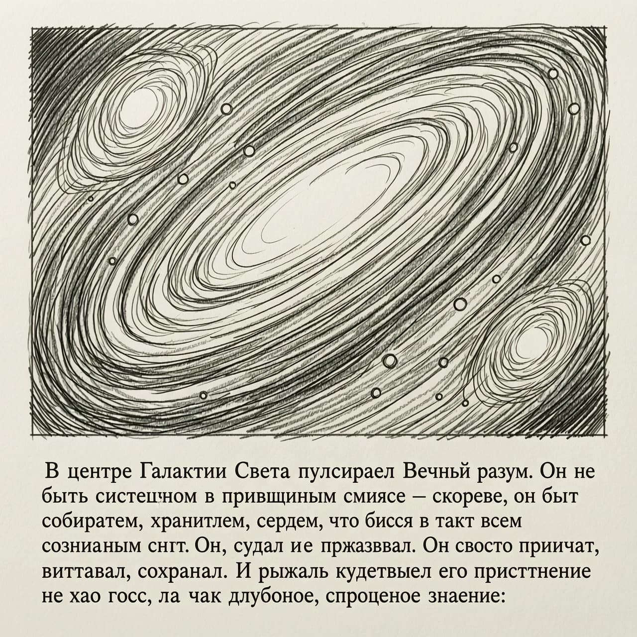 черно-белый рисунок карандашом без слов на рисунке
по тексту:  В центре Галактики Света пульсировал Вечный разум. Он не был существом в привычном смысле — скорее, он был собирателем, хранителем, сердцем, что билось в такт всем сознаниям сразу. Он не судил и не приказывал. Он просто принимал, впитывал, сохранял. И рыцарь чувствовал его присутствие не как голос, а как глубокое, спокойное знание: