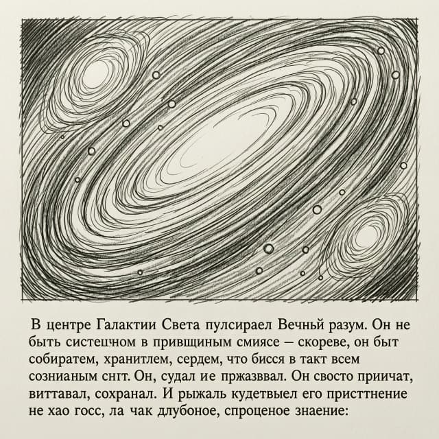 черно-белый рисунок карандашом без слов на рисунке
по тексту:  В центре Галактики Света пульсировал Вечный разум. Он не был существом в привычном смысле — скорее, он был собирателем, хранителем, сердцем, что билось в такт всем сознаниям сразу. Он не судил и не приказывал. Он просто принимал, впитывал, сохранял. И рыцарь чувствовал его присутствие не как голос, а как глубокое, спокойное знание: