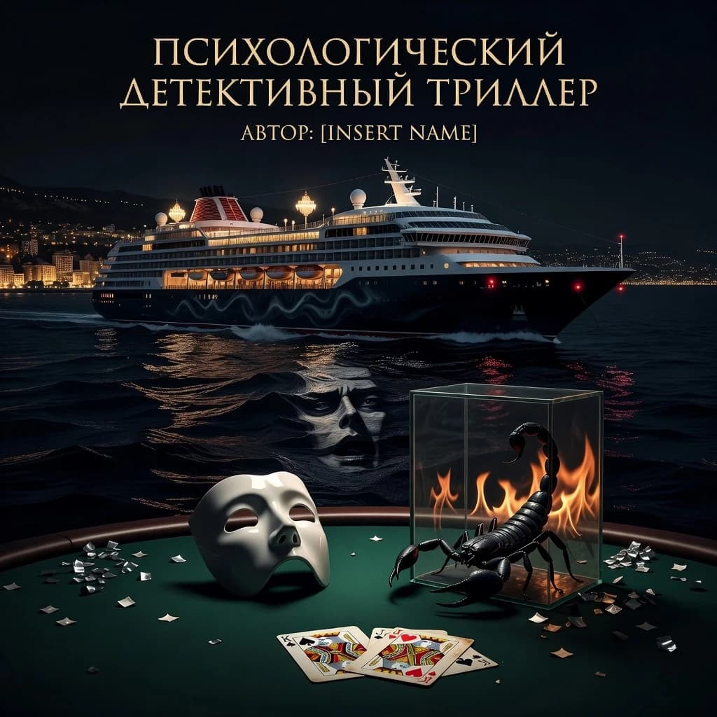 Book cover for a Russian-language psychological detective thriller.  Vertical 2:3 composition. Cinematic digital painting in a high-end noir style. A luxurious Mediterranean cruise liner at night, viewed from a high-angle perspective, drifting through the deep, ink-black waters of a winter sea near the shimmering, distant golden lights of Monte Carlo. The ship is an imposing silhouette of elegance and hidden menace: the upper decks glow with a warm, opulent amber light, while the lower decks dissolve into thick, smoke-like shadows. 

In the sharp foreground, a dramatic still life: a single, pristine white porcelain theatrical half-mask floats weightlessly above a deep emerald green felt poker table. Beside it, the dark, menacing silhouette of a black scorpion is visible inside a glass terrarium. Two playing cards lie on the felt: the King of Spades and the King of Hearts, with a Joker card partially tucked beneath them. The surface of the dark water below reflects a haunting, distorted human face, blending reality with psychological dread. 

Lighting: Dramatic chiaroscuro, with warm gold highlights clashing against midnight navy shadows. Small, piercing crimson emergency lights and glints of silver confetti provide sharp accents. Subtle reflections of fire dance within the glass elements. Mood: Expensive, tense, psychological suspense, winter glamour, and noir mystery. Palette: Midnight navy, emerald green, old gold, ivory white, and controlled crimson. Composition: Uncluttered, leaving clean, atmospheric space