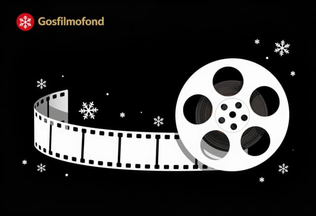 premium festive graphic illustration, black background, corporate Christmas packaging design for Госфильмофонд, attached Госфильмофонд logo used exactly without modification, elegant white 35mm film reel and film strip forming a graceful flowing ribbon, delicate white snowflakes emerging from and blending with the film perforations, predominantly white illustration, minimal muted red and gold accents, classic cinema poster aesthetics, elegant vintage engraving influence, sophisticated and understated, balanced negative space, refined details, timeless visual language, premium Russian cultural institution branding, clean vector-like shapes, print-ready