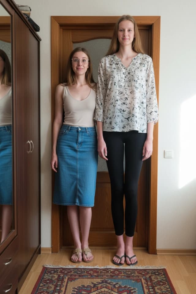 Two friends are standing by the door in a regular apartment in Moscow. They are both very tall, which is the main point of the picture.

On the left is Oksana, who is 32 years old and 190 centimeters tall. She is standing in a relaxed pose with a slight smile, capturing the moment. She is wearing a light top, a denim skirt, open-toed shoes, and glasses. She is looking directly at the camera with a surprised and admiring expression. She feels her height in a new way.

On the right is Irina, who is 225 centimeters tall. Her height is very noticeable. She is taller than the door and almost touches the top of the picture frame. She is wearing a light blouse, leggings, and flip-flops.

The apartment is typical for Moscow. There is a closet next to the door and a carpet with a simple pattern on the floor. The picture is taken during the day, so it is well lit.

The main thing is to show how much taller Irina is than Oksana. Irina is 35 centimeters taller than Oksana, and this is not a trick. The picture clearly shows the difference in their height.