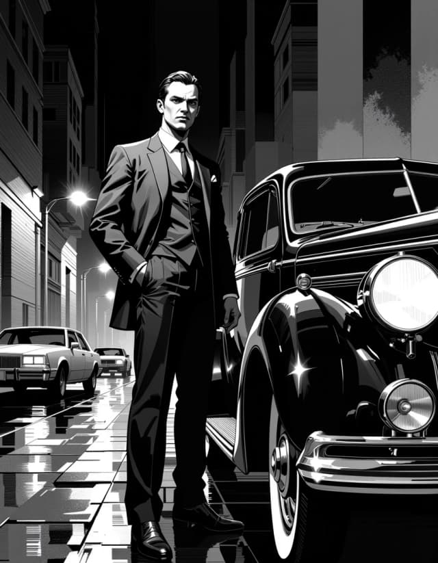 A masterpiece,  in the style of the 1980s, with bold lines, dynamic strokes and rich textures, on background with a touch of nostalgia, perhaps with subtle drawings inspired by cellulose and vintage, worn textures similar to paper,oil painting,  Cinematic black-and-white film-noir scene of a sharply dressed man in his 40s standing beside a polished 1930s luxury car on a rain-slick city street at night, three-piece wool suit with pocket watch chain, leather gloves, slicked-back hair, stern expression, hands in pockets, full-body three-quarter frontal pose; dramatic low-angle composition with the vintage car filling the right background and tall brick buildings receding into misty distance, wet cobblestones reflecting streetlights and blurred tail-lights, visible raindrops and droplets on car surface; high-contrast, low-key lighting with strong rim and backlighting from street lamps, deep shadows, moody volumetric rain shafts, cinematic bokeh from distant lights; rich film grain, subtle vignette, high texture clarity on fabric and metal, gentle dodge and burn to emphasize facial planes and suit folds, monochrome tonal range from inky blacks to bright highlights, moody atmosphere, 35mm cinematic framing, emphasize period authenticity and dramatic noir mood. celshading, simple background