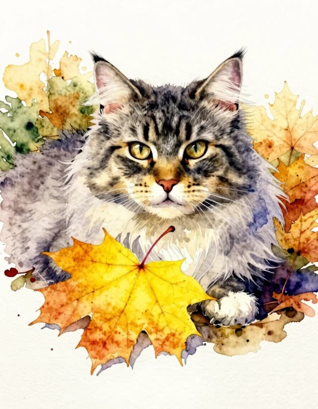 A masterpiece. Creating an image. The style is watercolor painting. Delicate watercolor on raw, on paper.((Against the background of an autumn landscape, a yellow maple leaf and a gray Siberian fluffy striped cat:1.6)). High resolution. High detail and clear texture. Intense close-up. High quality. Increased attention to small details. The aspect ratio is 3:4. The artists are Levitan, Shishkin.
