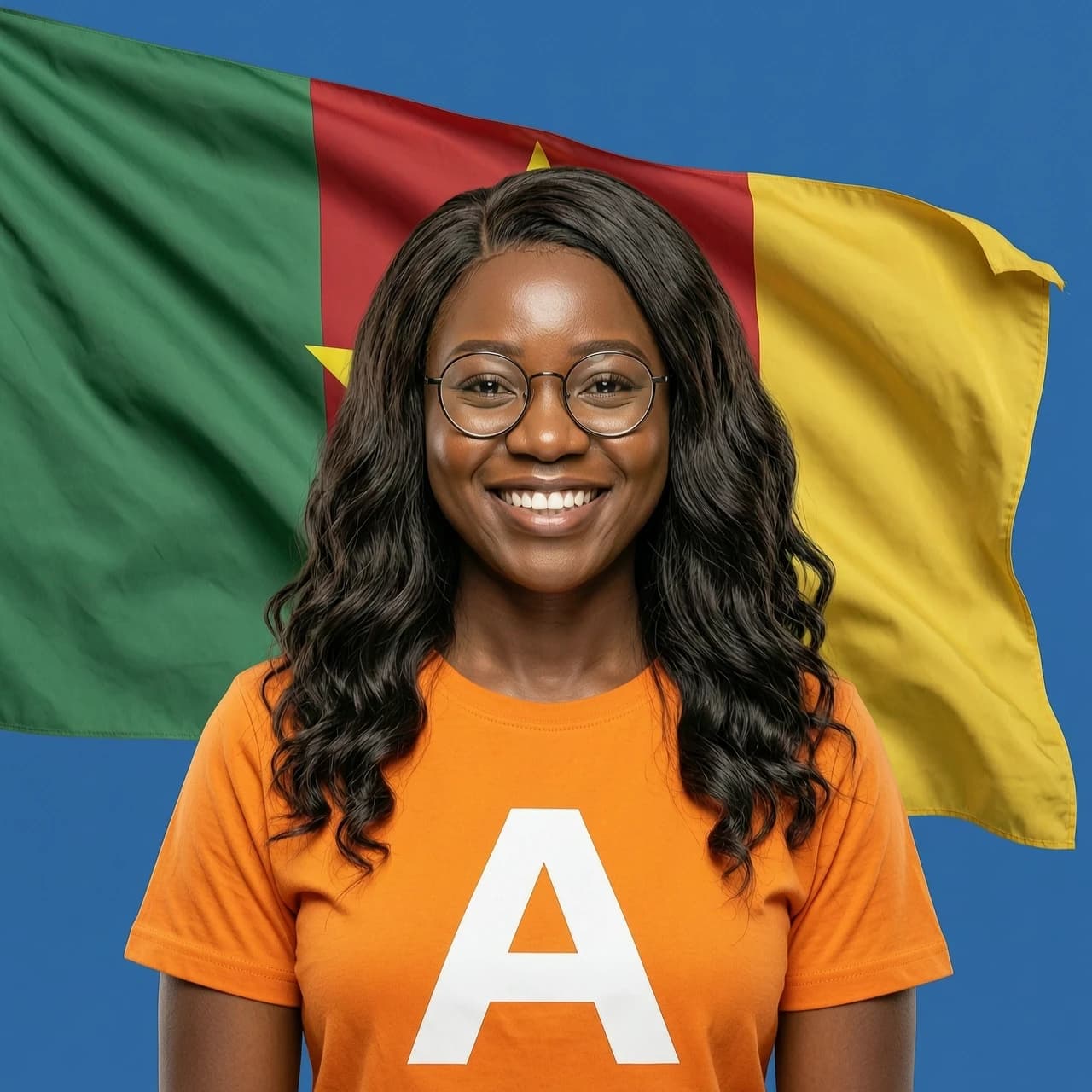 Realistic portrait of a beautiful smiling African woman with long dark wavy hair and round glasses. She is wearing a bright orange t-shirt with a large white letter "A" logo on it. In the background, there is a large, slightly waving flag of Cameroon (vertical stripes of green, red, and yellow with a yellow star in the center). Bright studio lighting, high resolution, photorealistic style, solid blue background behind the flag