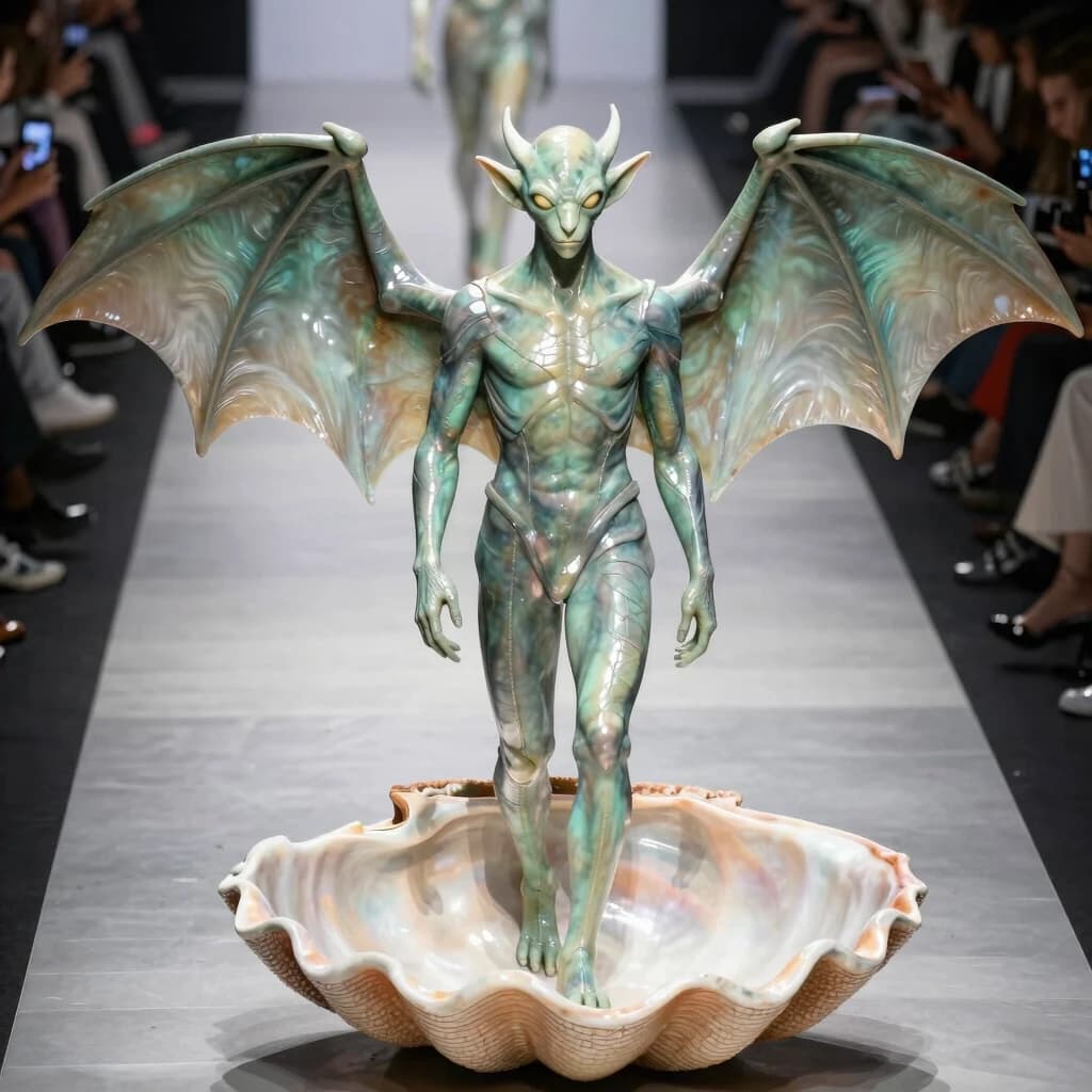 A large statue of a man made of coral shell. The creature sits with its membranous wings spread behind its back, like a greenish bat, Cthulhu. The camera zooms in from above. The image is clear, like in an expensive commercial. The light plays in the reflection of the suit. It walks down the catwalk, flapping its wings. The camera moves away from the man.