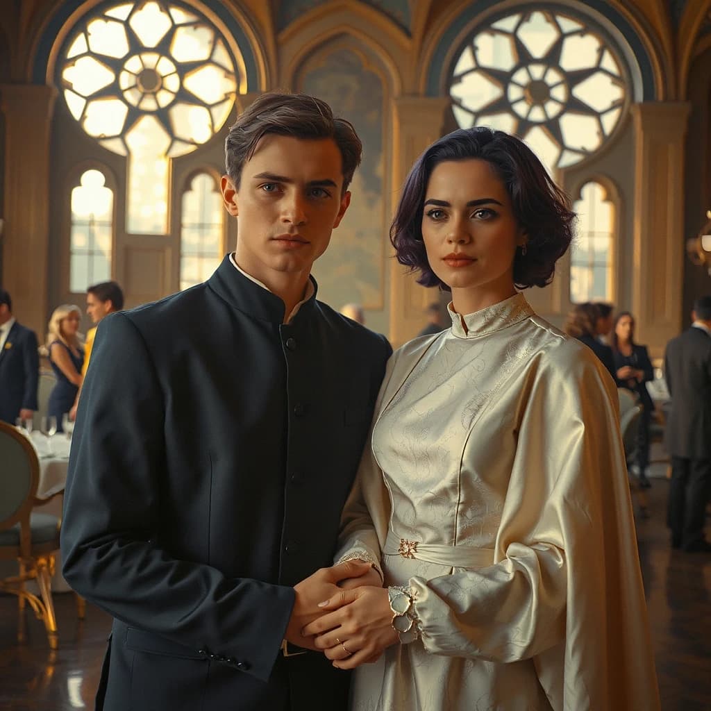 Cinematic film still, live-action movie shot. A handsome young 18-year-old green-eyed male and a beautiful young woman with short stylish purple hair, undercover as an aristocratic Alderaan married couple at a luxury gala on the planet Serenno. The man is wearing a formal midnight-blue structured aristocratic tunic with a high mandarin collar and subtle silver embroidery. The woman is wearing an elegant pearl-white high-collar silk evening gown with a flowing cape from her shoulders. They are holding hands, looking slightly embarrassed but trying to maintain noble posture. In the background, a luxurious futuristic ballroom with high arches, gothic sci-fi windows, and wealthy galactic politicians talking. Rich ambient lighting, photorealistic, shot on 35mm lens, high detailed.