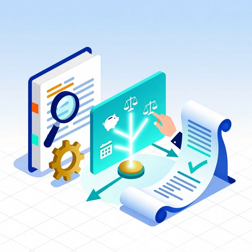 Isometric 3D illustration of a tax consulting workflow. On the left: a giant document stack with colorful tabs, a magnifying glass hovering above it, and a gear wheel representing analysis. In the center: a digital dashboard with a glowing branching tree – each branch leads to a different icon: piggy bank, legal scale, and calendar. Arrows connect the dashboard to the right side, where three stylized "roadmaps" unfold like scrolls, each with a checkmark and a directional arrow. A subtle hand (in a business suit) adjusts one of the branches. Background: clean grid floor with a faint blue gradient. Lighting: neon cyan and gold accents. Minimalist, vector-like, professional. --ar 16:9 --v 6.0