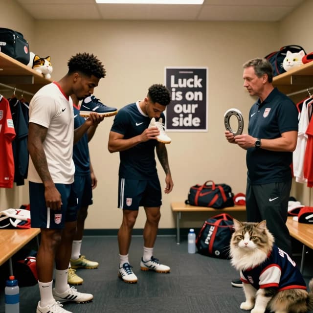 Cinematic humorous photorealistic shot of a sports locker room. A team of athletes stands in a circle, all touching a stuffed cat mascot and a lucky horseshoe. One player is dramatically kissing his sneaker. The coach holds a rabbit's foot. On the wall, a poster reads "Luck is on our side". In the corner, a real fluffy cat wearing a tiny team jersey looks at them with a deeply sarcastic, unimpressed expression. The room is warm and slightly messy, with sports bags and water bottles. Playful, ironic, relatable, warm lighting, photorealistic, shallow depth of field, 4:5 aspect ratio.