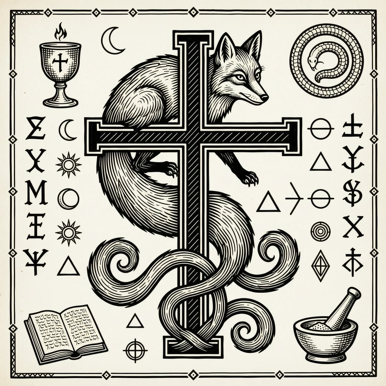 Intricate woodcut engraving tattoo design, alchemical symbol, a central Flamel cross (cross with a horizontal bar at the top), a three-tailed fox wrapped around the cross, the fox's body forms a tight serpentine 'S' curve contour strictly following the outline of the crucified serpent, the three tails flow dynamically downwards intertwining with the base of the cross, sharp geometric lines, heavy ink hatching, black and white, high contrast, sketch style, medieval alchemy illustration, pure black lines on white paper, --no color, shading, blurry --style raw --stylize 250