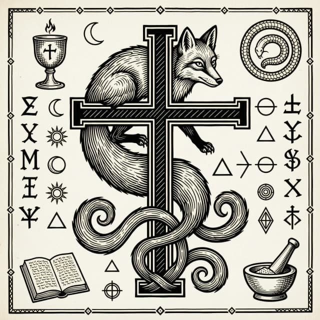 Intricate woodcut engraving tattoo design, alchemical symbol, a central Flamel cross (cross with a horizontal bar at the top), a three-tailed fox wrapped around the cross, the fox's body forms a tight serpentine 'S' curve contour strictly following the outline of the crucified serpent, the three tails flow dynamically downwards intertwining with the base of the cross, sharp geometric lines, heavy ink hatching, black and white, high contrast, sketch style, medieval alchemy illustration, pure black lines on white paper, --no color, shading, blurry --style raw --stylize 250