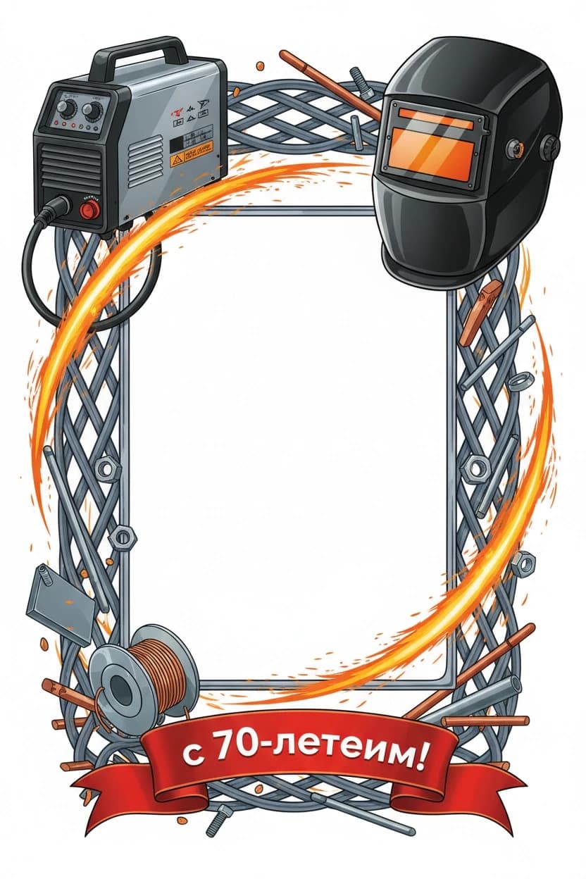 Create an A4-format illustration of a decorative congratulatory frame designed to hold a 10×15 cm photo in the center.
Layout:
* Top left corner: a detailed image of a compact welding machine (in a side view, showing the body, cable, and control panel).
* Top right corner: a close-up of a modern welder's protective mask (visor down, with a reflective surface).
* Frame border: intricately weave in thematic elements: bright sparks flying in arcs, several welding electrodes of different lengths, coiled welding wire, small metal parts (nuts, bolts, a piece of angle iron), and thin metal rods forming the frame's structure.
* Bottom center: place a festive congratulatory ribbon. On it, write the text "с 70‑летием!" in bold, clear capital letters.
Style: clean, modern industrial design with a touch of festivity. Use metallic grays, blacks, and silvers as the base, accented with bright orange and yellow sparks and a vibrant red ribbon. High detail, sharp focus.