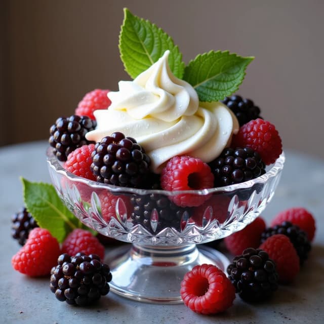 A hyper-realistic oil painting, food photography style, close-up macro shot of a crystal-cut glass dessert bowl filled with a tall swirl of thick white whipped cream adorned with water droplets. The bowl is surrounded by and contains glossy, juicy blackberries with dark purple drupelets and vibrant red raspberries. Fresh, deeply veined green raspberry leaves placed on top. Sharp light reflections dancing on the glass facets and the wet, shiny skin of the berries. Blurred, muted gray-beige background to highlight the dessert. Photorealistic rendering, intense details, delicious textures, 8k resolution, soft natural lighting. --v 6.0, --style raw, --ar 9:16