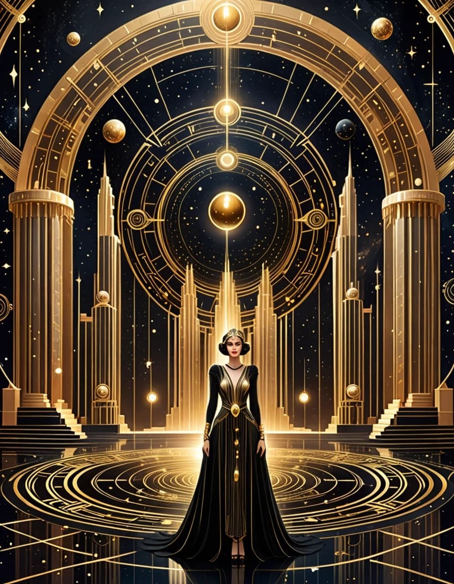 A grand mystical palace in an occult Art Deco style, appearing to exist between the real world and the realm of dreams. At the center of the enormous hall stands a woman wearing a magnificent black and gold gown. Golden geometric rings, mysterious symbols, constellations and crystal spheres float around her. Behind her is a gigantic portal shaped like a golden circle, revealing outer space, the moon and an endless starry sky. Majestic winged sphinxes stand symmetrically on both sides of the portal. The polished black marble floor reflects the golden light. Perfect symmetry, immense luxury and mystery. Epic scene suggesting ancient knowledge and cosmic secrets, surreal realism, luxurious Art Deco, incredible detail, cinematic lighting, vertical poster.