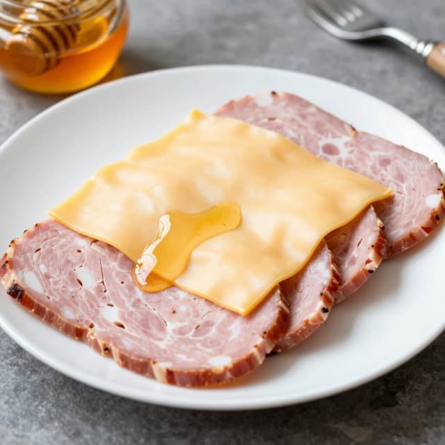 Picture sliced meat and cheese with honey on a plate