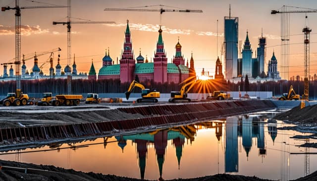 Poster for a construction company. A high‑tech construction site. In the background, a futuristic city made of glass and steel. On the horizon, the outlines of the Moscow Kremlin and a cathedral with a dome are visible as semi‑transparent silhouettes. The bright sunset sky casts glare and reflections onto the construction equipment; the materials are highly detailed. There are no people, no flying objects, no text.
