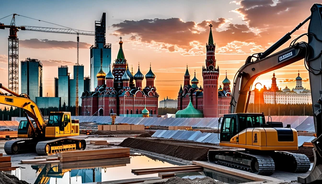 Poster for a construction company. A high‑tech construction site. In the background, a futuristic city made of glass and steel. On the horizon, the outlines of the Moscow Kremlin and a cathedral with a dome are visible as semi‑transparent silhouettes. The bright sunset sky casts glare and reflections onto the construction equipment; the materials are highly detailed. There are no people, no flying objects, no text.