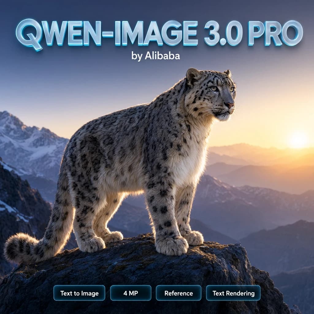 Premium cover poster, square composition, bold glowing modern 3D typography text "QWEN-IMAGE 3.0 PRO" centered near the top, crisp and perfectly legible, small brand tag "by Alibaba" beneath the title. Below it: a majestic snow leopard on a cliff at sunrise, ultra-detailed fur, crisp mountain haze, razor-sharp large-format photography look. At the bottom: a clean row of small glowing rounded feature badges with short legible labels: "Text to Image", "4 MP", "Reference", "Text Rendering". perfectly legible text, high detail, flagship poster quality, no extra labels