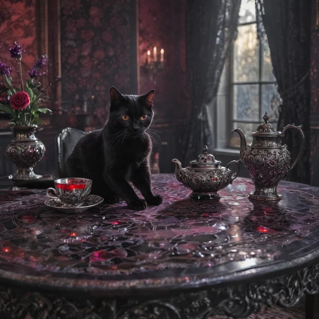 Luminous Crystal Mosaic Style. A cinematic shot of a majestic black gothic cat with glowing violet eyes, sitting gracefully on a velvet table next to a silver tea set. In the background, the blurred silhouette of a gothic woman in black lace. Blood-red tea spills slightly from a cup, creating a crystalline ruby pattern on the table. The scene is rendered in a fusion of luminous crystal mosaic and layered oil painting strokes. Deep shadows, shimmering highlights, mystical aura. Intricate detail on the cat's fur and the mosaic glass textures, dark fantasy aesthetic, ethereal lighting.