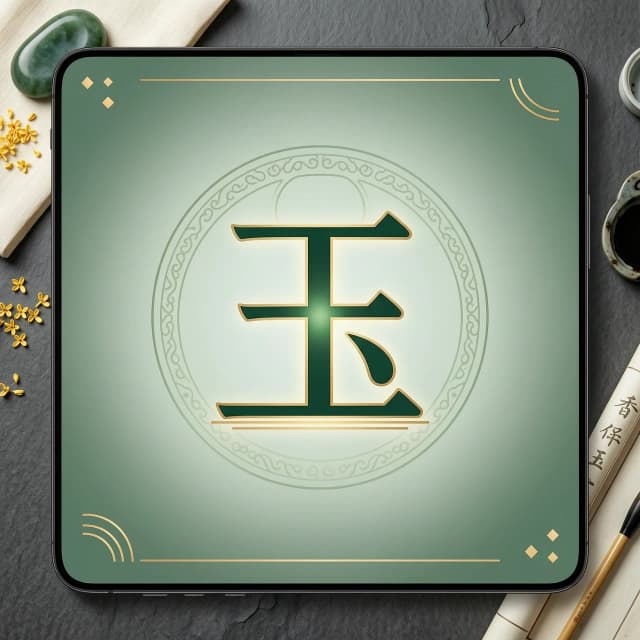 Minimalist video logo: clean and modern design with the character 玉 (yù) in dark green. The background subtly references a jade pendant — use a soft green gradient and a faint outline of a traditional Chinese pendant shape. Clean lines, flat design with a touch of depth. Colors: deep jade green, white, light gold. Resolution: 4K.