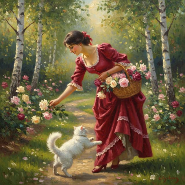 Full-length, vertical oil painting of a young woman in a flowing crimson 19th-century dress with puffed sleeves and delicate lace trim, bending to pick pale pink roses from a sunlit garden path; she carries a woven wicker basket overflowing with roses in shades of cream, blush, deep rose and burgundy, her dark hair loosely pinned with a red ribbon, soft tendrils framing a smiling, serene face. Dappled golden-hour light filters through birch-like trees, creating warm highlights and gentle shadows, luminous skin tones, rich saturated reds and lush greens. A playful fluffy white cat leaps at her skirt in the foreground, adding motion and charm. Painterly, impressionist-realist style, visible impasto brushstrokes, high-detail textures in fabric, petals and fur, soft atmospheric background with depth, romantic, nostalgic mood, balanced composition with leading path and layered midground and background foliage.