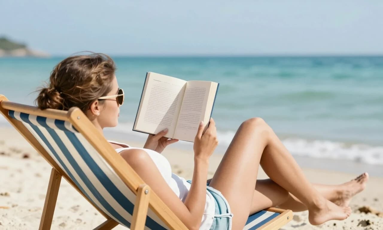 Красивая девушка  лежит на шезлонге на берегу моря и читает книгу