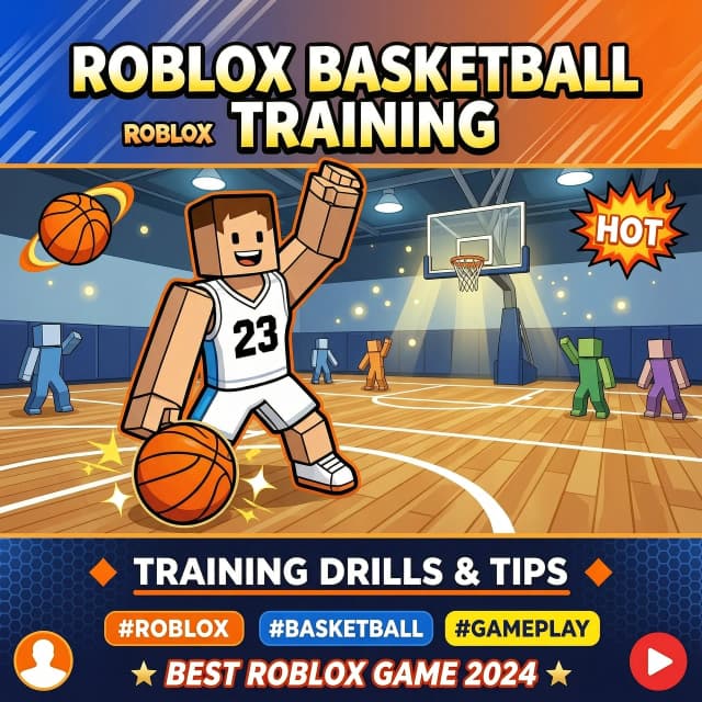 Создай привлекательную превью картинку для Ютуба по теме "Roblox тренировка в баскетбол". Надписи на картинке должны быть на Английском языке