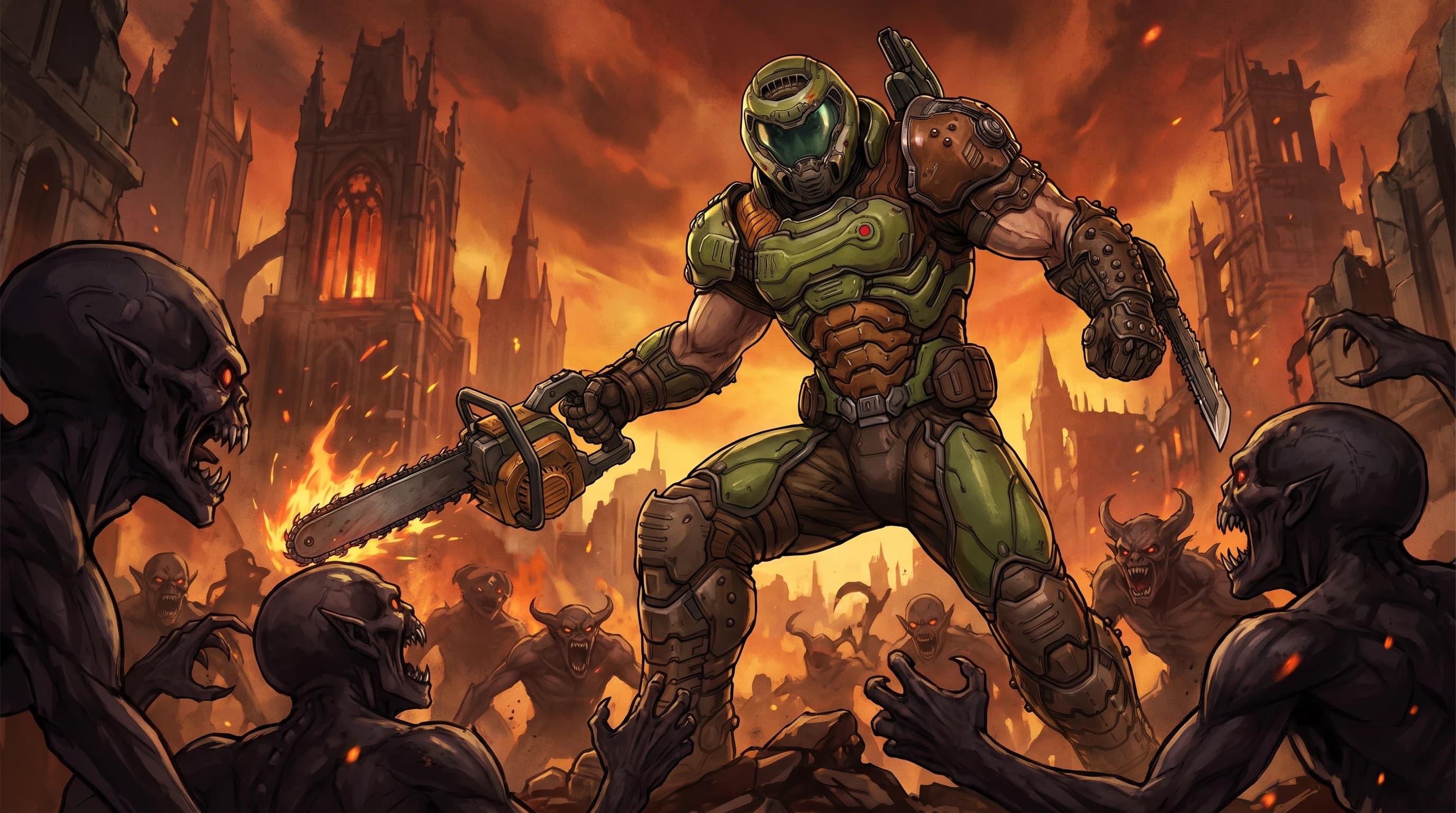 Doom (Франшиза), Думгай с бензопилой, боевая стойка против злых демонов, стиль аниме с реалистичными деталями, шедевр