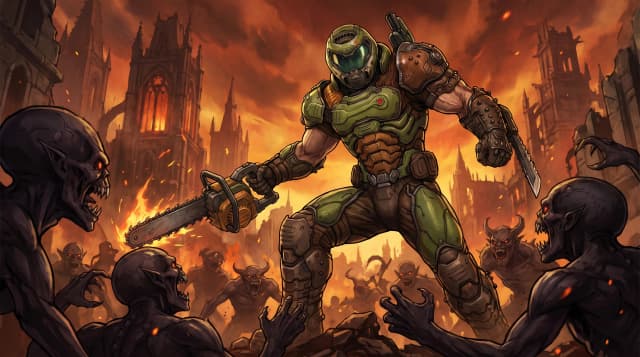 Doom (Франшиза), Думгай с бензопилой, боевая стойка против злых демонов, стиль аниме с реалистичными деталями, шедевр
