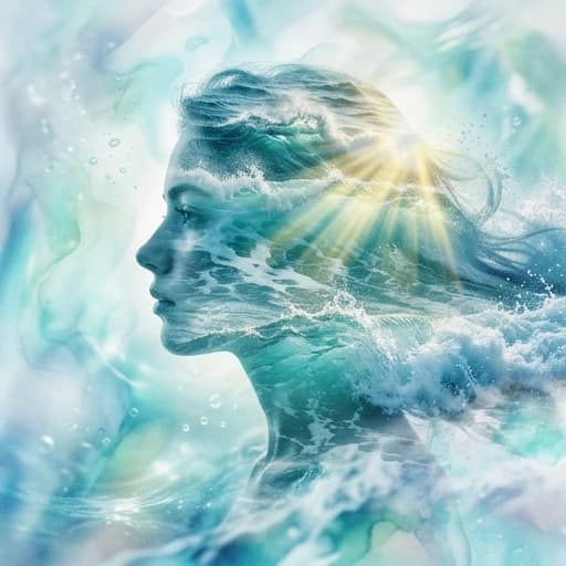 (Double exposure: 1,9). Abstract background (soft colors, marine theme). Seascape (waves, clear water, splashes) inside transparent silhouette of girl's profile. Dissolving colours. Dissolution of textures. Interpenetration of layers and textures. Stylistics: surrealism, realism. Based exclusively on cool colors + yellow sun rays