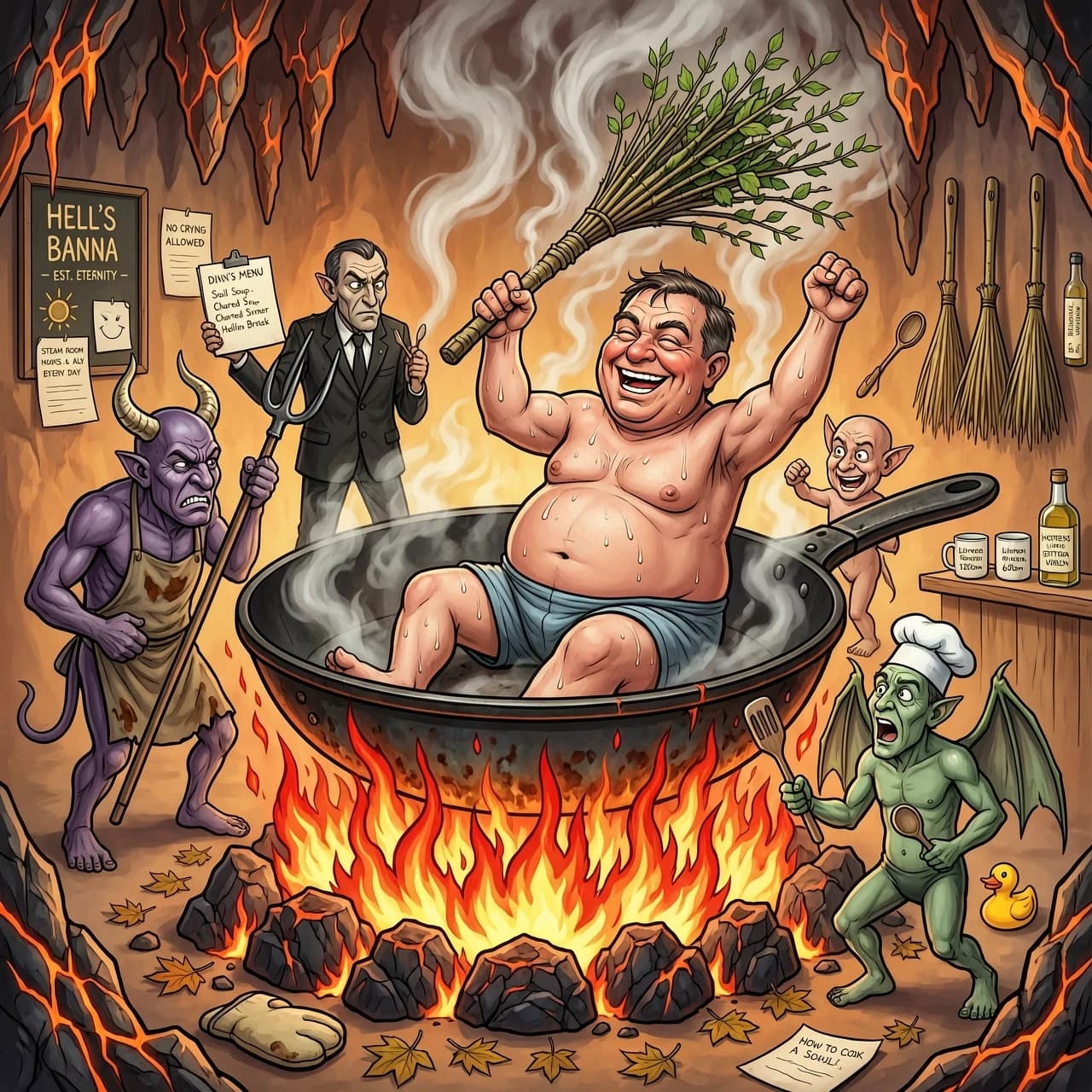 In the style of Jean Baptiste Monge, caricature grotesque humor, devils frying a sinner on a giant frying pan in hell, and the sinner is happily steaming himself with a birch venik broom as if in a banya, funny absurd scene, 4K ultra detailed, hyperrealistic photorealistic not cartoon, ultra dynamic constant motion no static, hyperdetailed 8K masterpiece, devils poking with pitchforks, flames and smoke, sinner relaxed with birch broom, comical expression, cinematic lighting, clear sharp image of whole scene, smooth fluid motion, perfect anatomy no extra limbs no distortion, humorous joyful mood, no negativity