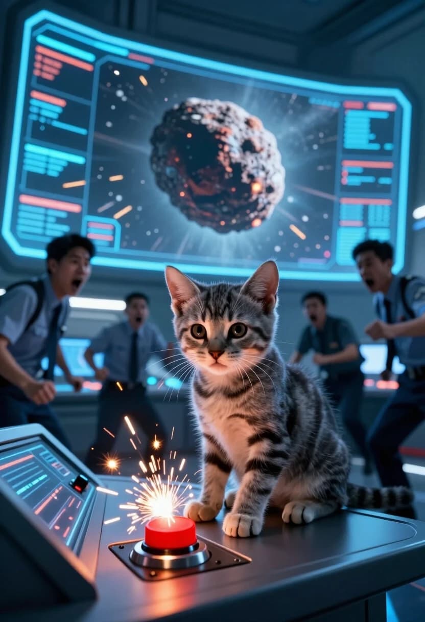 Photorealistic, 8K, cinematic wide shot with extreme depth. A futuristic control room with holographic displays and glowing panels. In the center, a small grey tabby kitten is sitting on the main console, looking directly at the viewer with a comically serious expression — as if it’s the captain of the ship. Its tiny paw is pressed against a big red button, and sparks are flying from the panel, indicating a critical system overload.

The camera is positioned behind the kitten, looking over its shoulder at the massive viewscreen. On the screen, a giant asteroid is hurtling straight toward the ship — the perspective makes the asteroid look enormous and impossibly close. Crew members in the background are running and shouting, their faces contorted in panic.

Lighting: cool blue emergency lights mixed with warm orange sparks from the overloaded panel. Rim light heavily outlines the kitten, making it stand out against the dark, chaotic background. Hard shadows and high contrast.

Depth: the kitten is in sharp focus (macro detail on its whiskers and eyes), the crew is mid-ground with motion blur, and the asteroid on the screen is huge and slightly distorted by the screen’s curvature. Atmospheric haze and lens flare add to the cinematic feel.