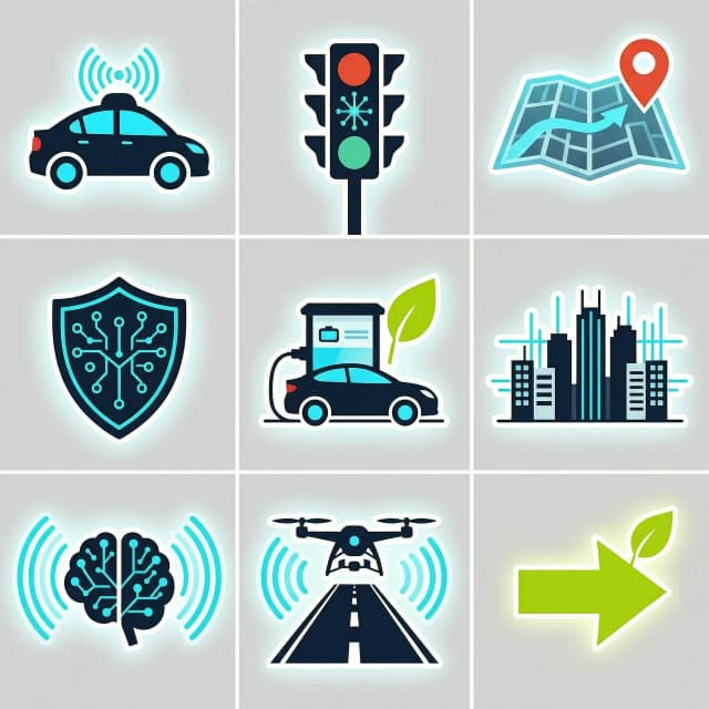 A set of 10 minimalist vector stickers with transparent backgrounds representing abstract themes of NeuroDrive (self-driving cars, smart traffic management, AI, safety, ecology). Icons should be in flat 2D style, clean lines, no text. Color palette: primary #0A192F, accent #00E5FF, accent #AEEA00, white #FFFFFF. Each sticker 512x512 px. Themes:
1. Self-driving car with LIDAR sensors on roof.
2. Traffic light with neural network pattern inside.
3. Holographic map with route and GPS pin.
4. Shield with circuit lines (cybersecurity).
5. Electric car charging station with leaf.
6. Smart city skyline with data streams.
7. Sensor signal waves (radar).
8. AI brain with neural connections.
9. Drone flying over road.
10. Green traffic arrow with leaf.
No text, no letters, no logos, no abstract shapes. Clean composition, subtle glow, modern tech style.