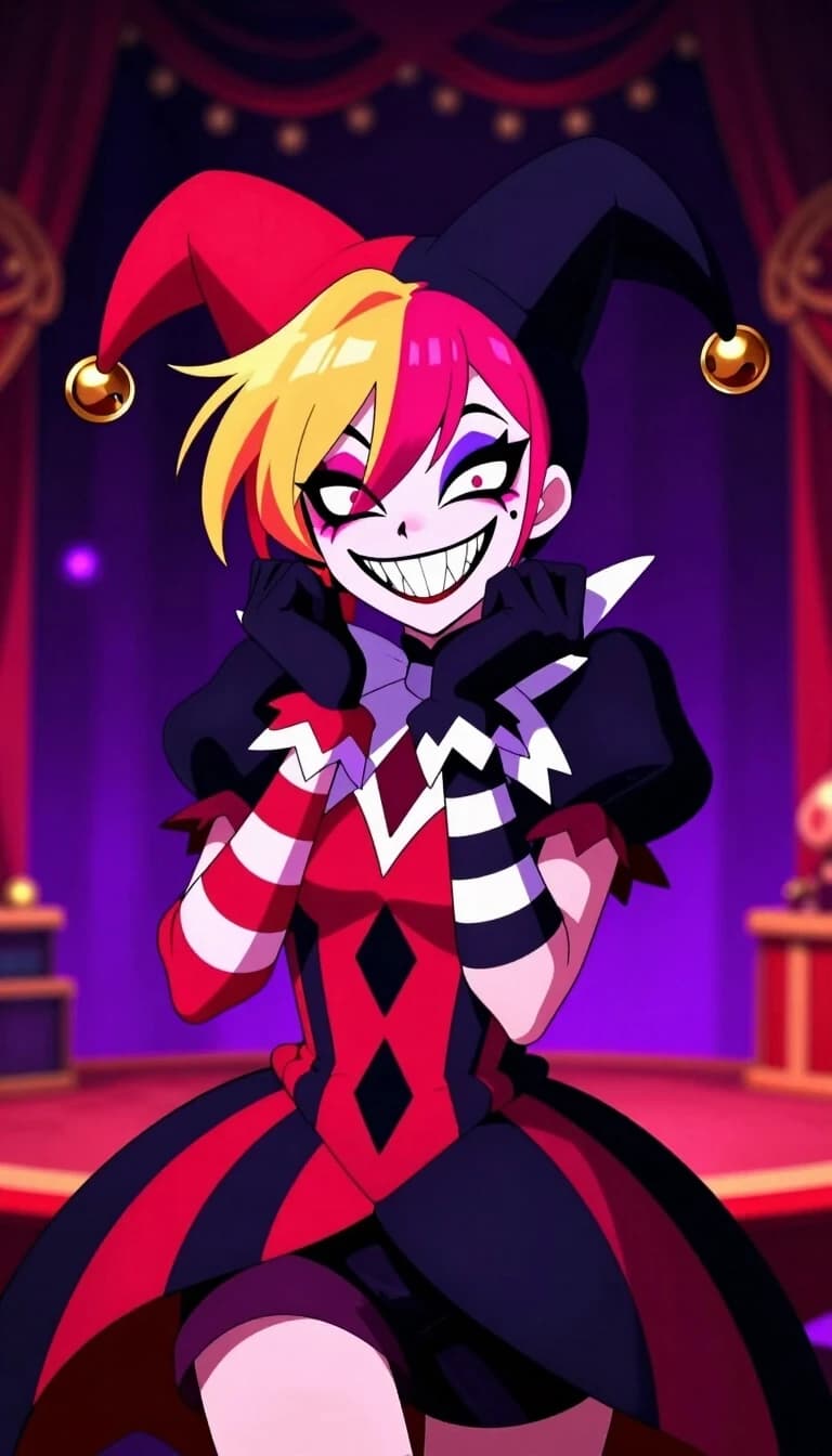 2D digital anime art style, a chaotic female jester character from "The Freak Circus", sharp mischievous grin with pointy teeth, asymmetric vibrant hair, wearing a flamboyant circus performer outfit, mismatched gloves, stripes and diamond patterns, dark gothic jester hat with small bells. High contrast lighting, bold line art, yandere eyes, theatrical dark carnival background with purple and crimson lights, stylized visual novel character sheet.