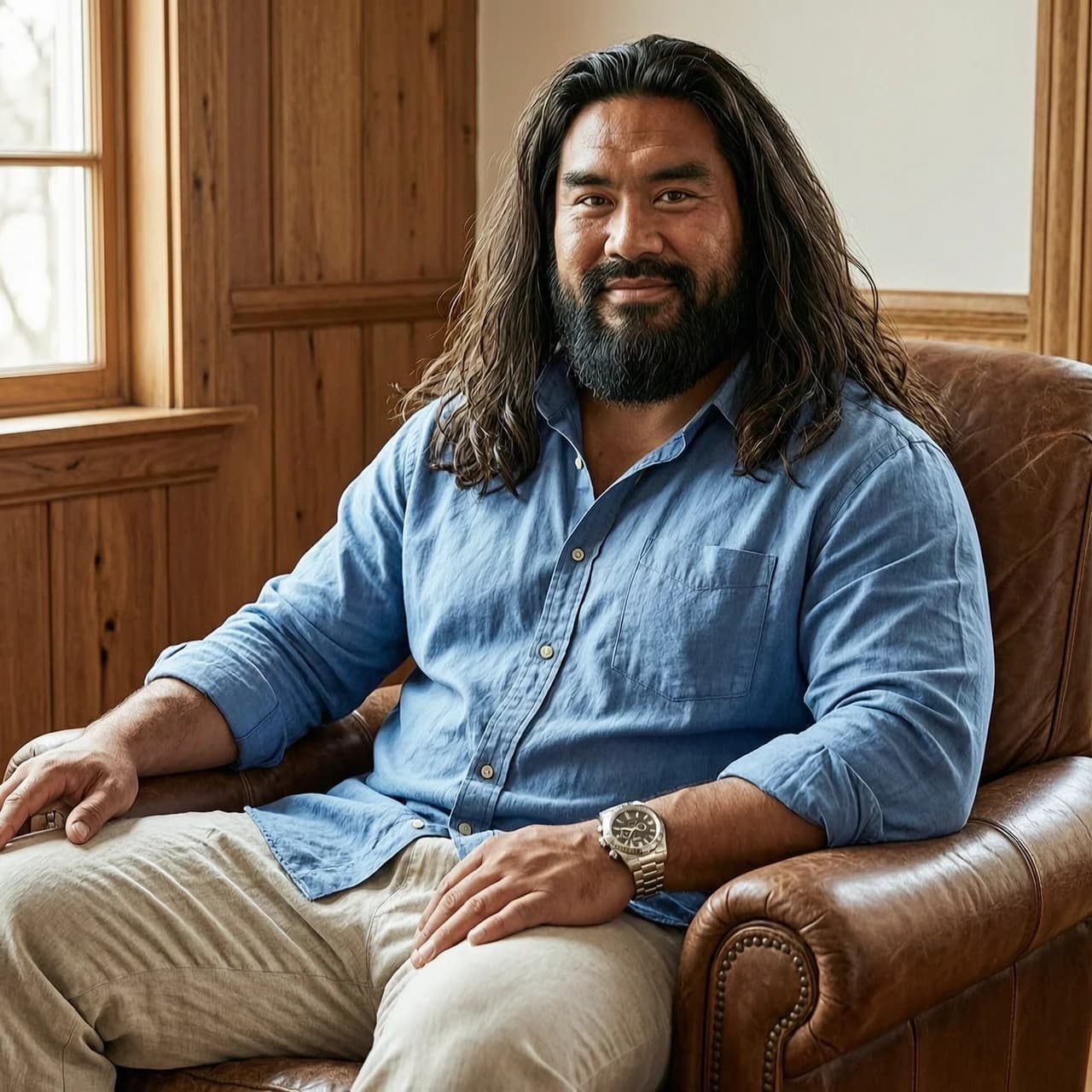 красивый, брутальный мужчина маори 32 года. объемная мужская стрижка Long Hair. одет в свободную на выпуск хлопковую с закатанными руковами рубашку и простые льняные брюки. на руке очень дорогие часы. сидит в кожанном кресле