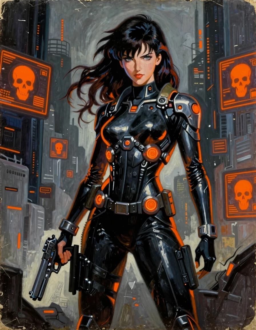 A masterpiece,  in the style of the 1980s, with bold lines, dynamic strokes and rich textures, on background with a touch of nostalgia, perhaps with subtle drawings inspired by cellulose and vintage, worn textures similar to paper,oil painting, A hyper-realistic, cinematic portrait of a striking young woman with long, flowing dark wavy hair and piercing eyes, dressed in a sleek, form-fitting black tech-wear tactical bodysuit featuring metallic plating and glowing orange circular bio-mechanical accents. She holds a futuristic pistol in her right hand, standing in a towering, gloomy cyberpunk cityscape. The background is filled with vertical concrete structures and floating digital screens displaying glowing orange icons and human skulls, creating an atmosphere of urban decay and high-tech warfare. The lighting is dramatic and moody, with the orange glow from the tech components reflecting off her polished suit, contrasting with the cool, desaturated gray tones of the environment. Her expression is confident and resolute, capturing an aura of a hardened sci-fi mercenary. The composition is a vertical full-body shot with a sharp focus on the character, emphasizing the high-contrast color palette of deep blacks, metallic grays, and intense, fiery orange highlights. The aesthetic is inspired by dark futuristic anime and high-fidelity video game character design.