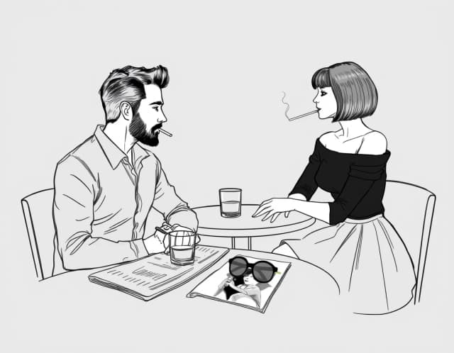 A gray background, a sketchy outline with thin, transparent lines, a very handsome 30-year-old Slavic man with a three-day stubble sits in profile at a table in the bar. On the table are a newspaper, a glass of whiskey, and an ashtray with a cigarette. Across from him sits a very beautiful young woman, resembling 23-year-old Megan Fox, with dark hair cut into a bob with bangs, wearing a very fashionable short, full skirt and a black, off-the-shoulder, three-quarter-length sleeve top. She's smoking a thin cigarette. On the table in front of her lies a fashion magazine, topped with a pair of stylish sunglasses. The man and woman look at each other. Vicente Romero Redondo, Lee Bogle, Konstantin Razumov, Harrison Fisher.