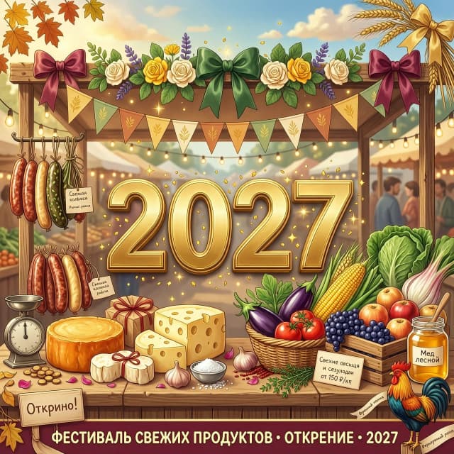 Горизонтальная иллюстрация, соотношение сторон 4:3. Праздничный фермерский рынок, прилавок с натуральной продукцией, украшенный лентами, цветами, флажками. Свежие колбасы, сыры, мясо, овощи, фрукты. Золотистые и тёплые тона, атмосфера праздника и открытия. Стиль цифровой живописи, высокое качество, детализированно. В центре крупные цифры «2027»
